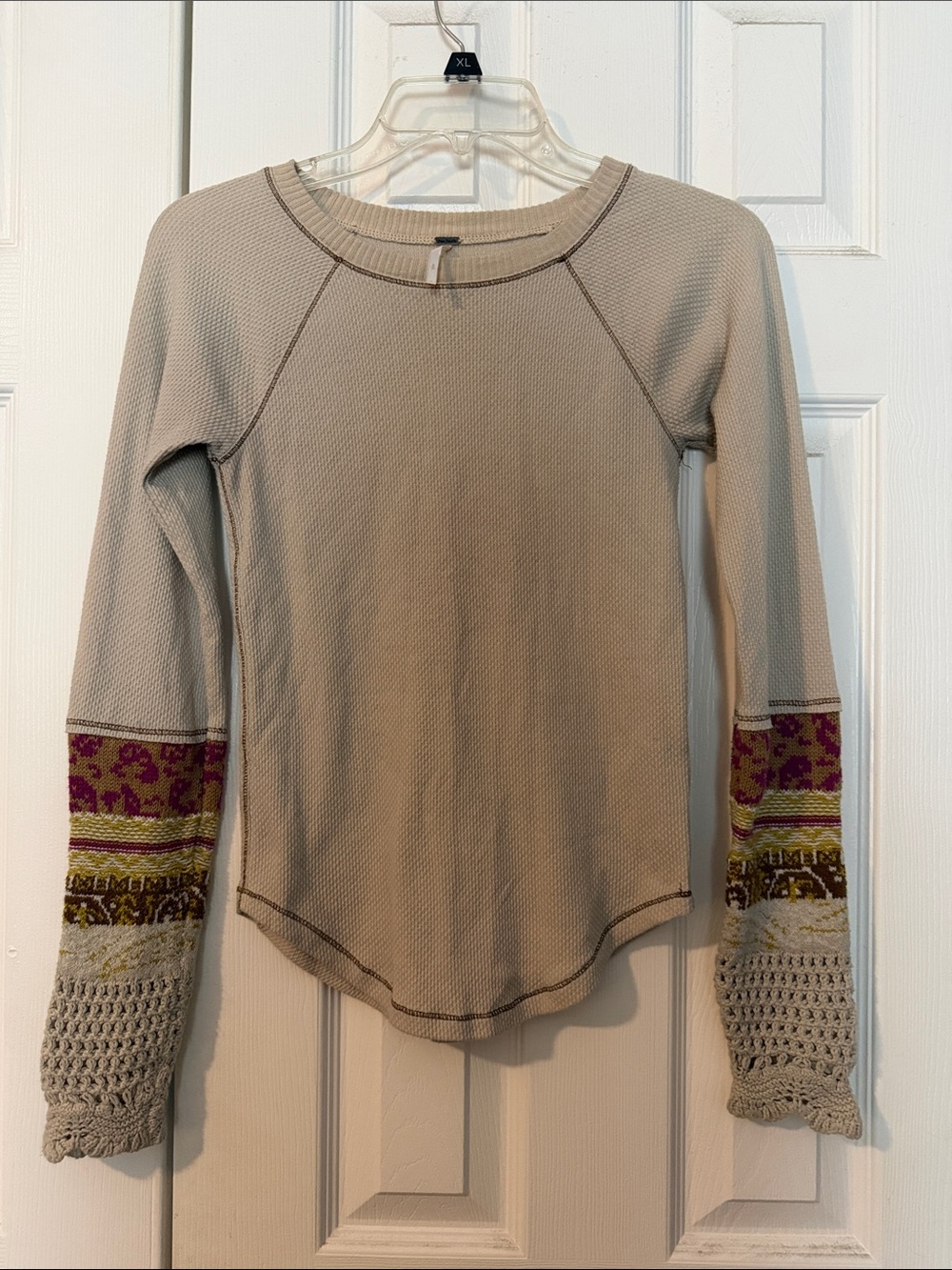 Free People Beige Waffle Knit Long Sleeve Top with Patterned Cuffs